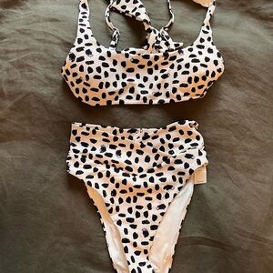Aerie Black and Cream Animal High Waisted Women's Bikini Set